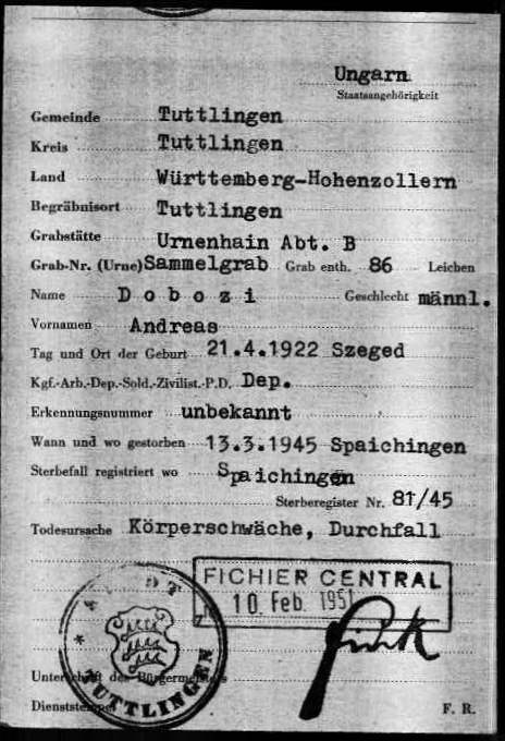 Post-war document about Andr&aacute;s Dobozi (Arolsen Archives ITS)