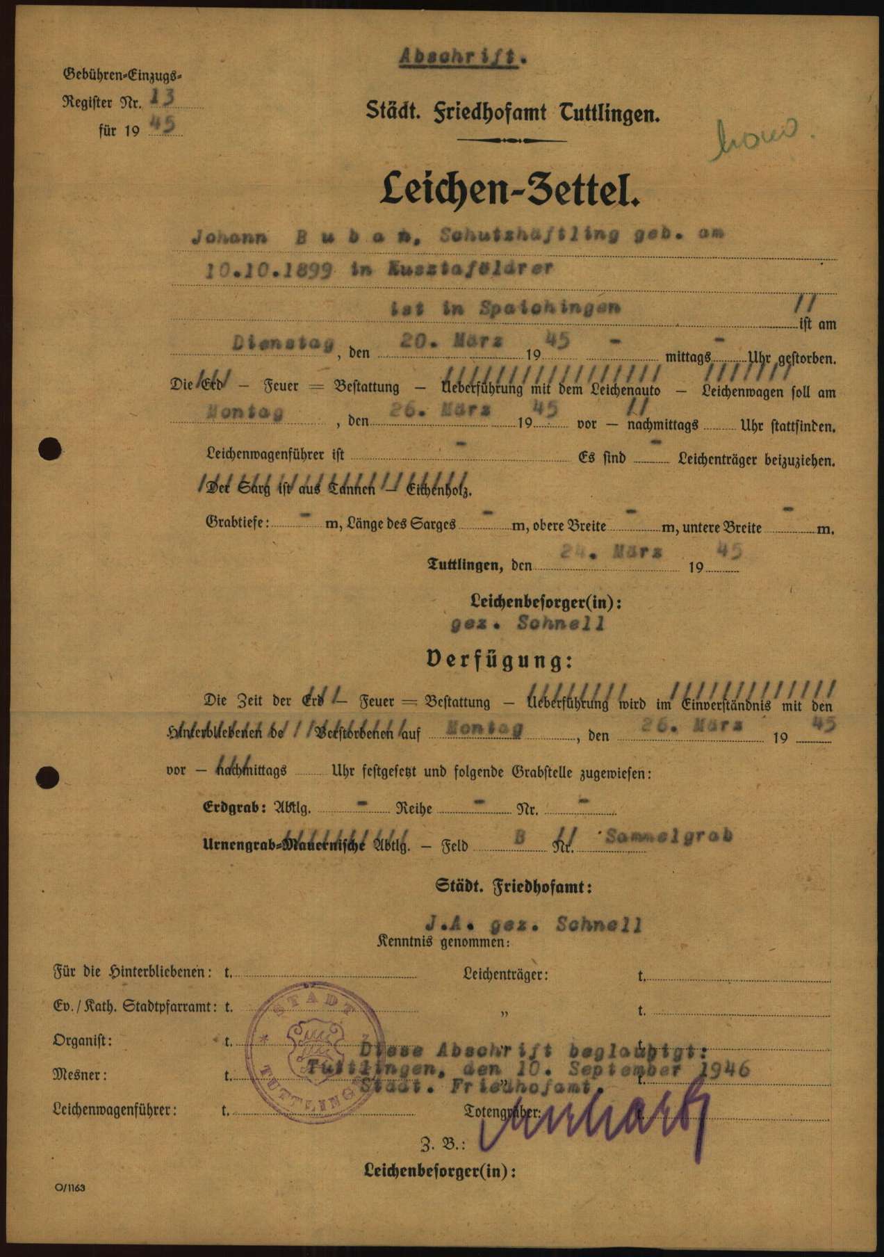 The death of J&aacute;nos Bub&aacute;n was also recorded in the registry office of the neighbouring town of Tuttlingen (Arolsen Archives ITS)