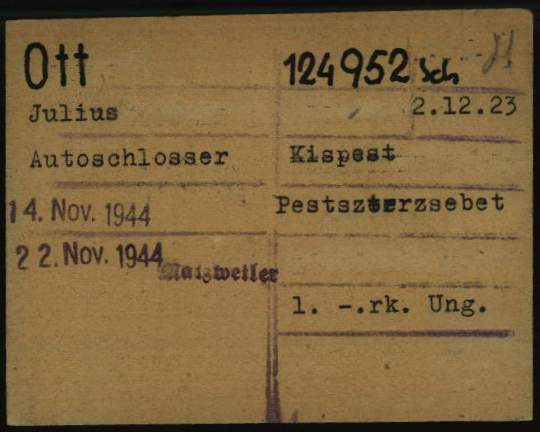 The date of the transfer to Natzweiler was recorded on car-mechanic Gyula Ott's card from Dachau: 22 November 1944 (Arolsen Archives ITS)